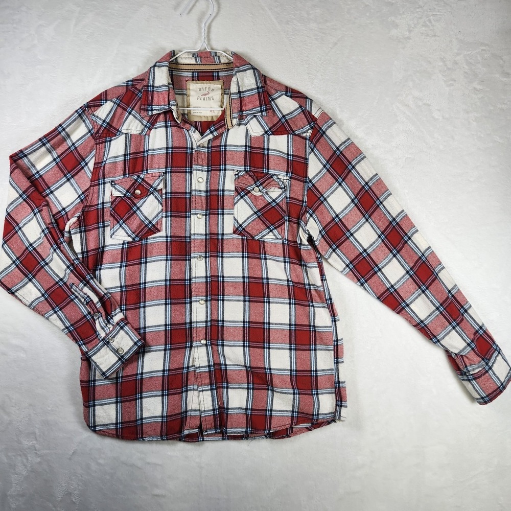 Ditch‎ Plains Men's XL Pearl Snap Flannel Shirt Red Plaid Western Cowboy LS